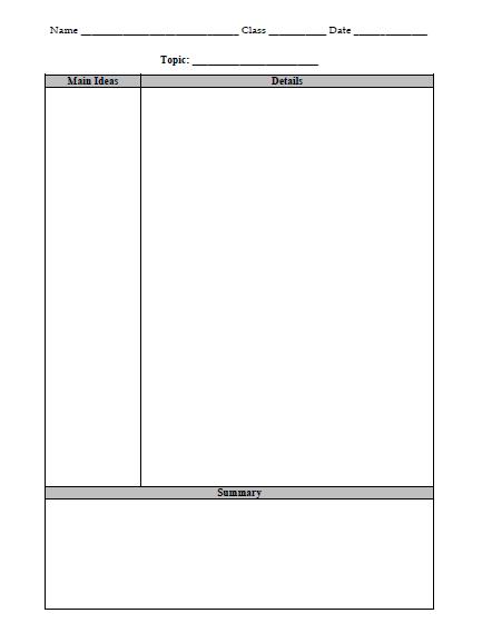 Cornell Note Taking: Similar to the 2 Column Notes strategy, 