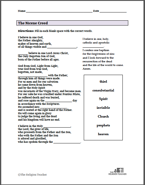Nicene Creed Fill in the Blank Worksheet