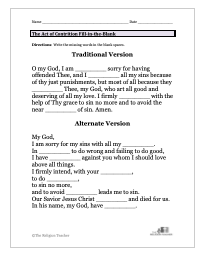Act of Contrition Fill in the Blank Worksheet
