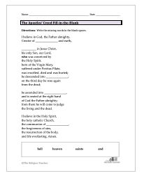 The Apostles' Creed Fill in the Blank Worksheet
