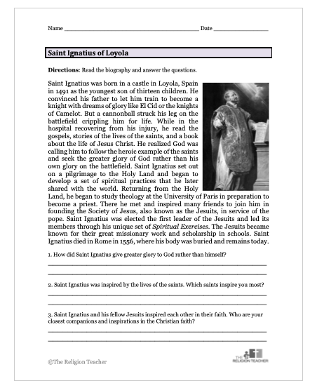 Saint Ignatius of Loyola Worksheet