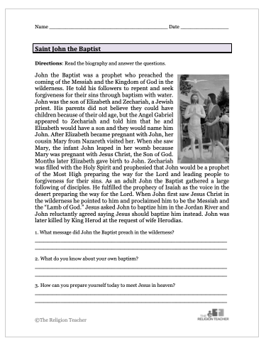 Saint John the Baptist Worksheet