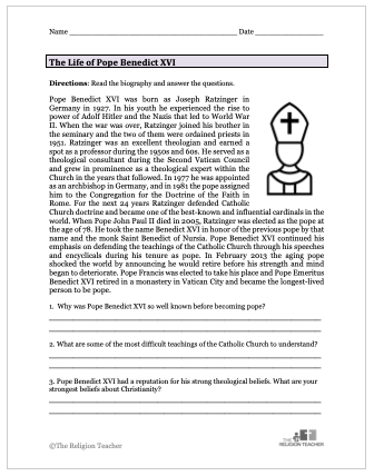 Pope Benedict XVI Worksheet