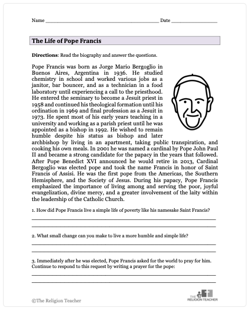 The Life of Pope Francis Biography Worksheet